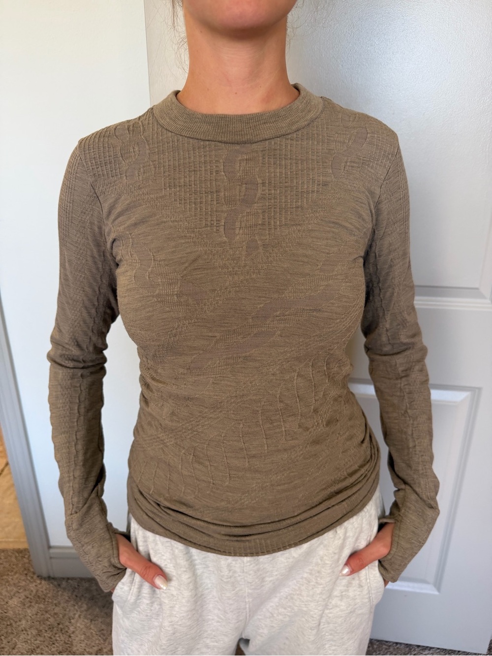 Athleta Taupe Textured Crewneck Long-Sleeve Top